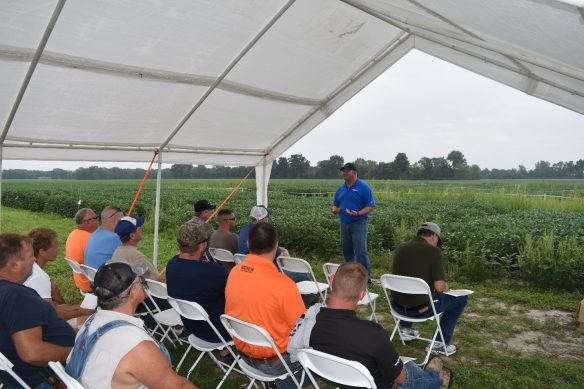 This image shows agronomist Nate Prater talking to growers about soybean burndown herbicide application.