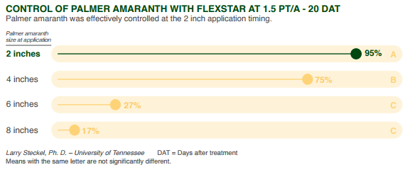 This agronomic chart shows control of palmer amaranth with Flexstar.