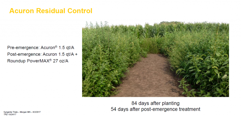 This chart shows Acuron residual control compared to Roundup PowerMAX.